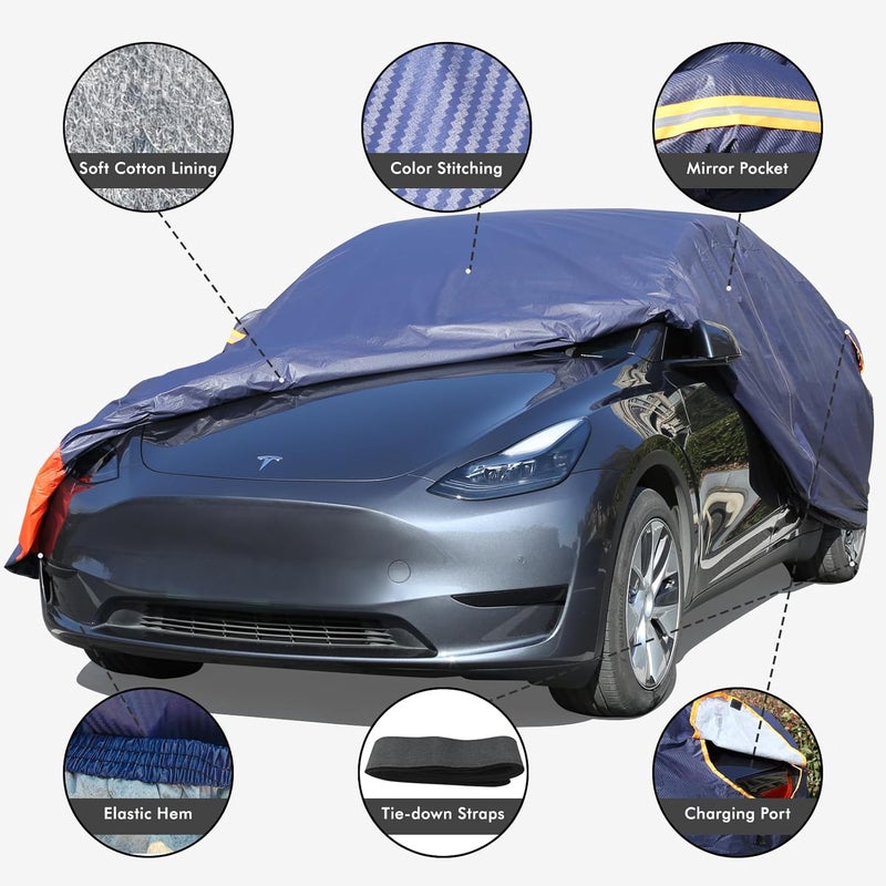 DINGHAO Tesla Model 3 Car Cover Waterproof All Weather, 6 Layers Outdoor Full Exterior Cover Rain Sun UV Snowproof Protection with Zipper Cotton, Mirror Pocket and Charging Port - Image 2